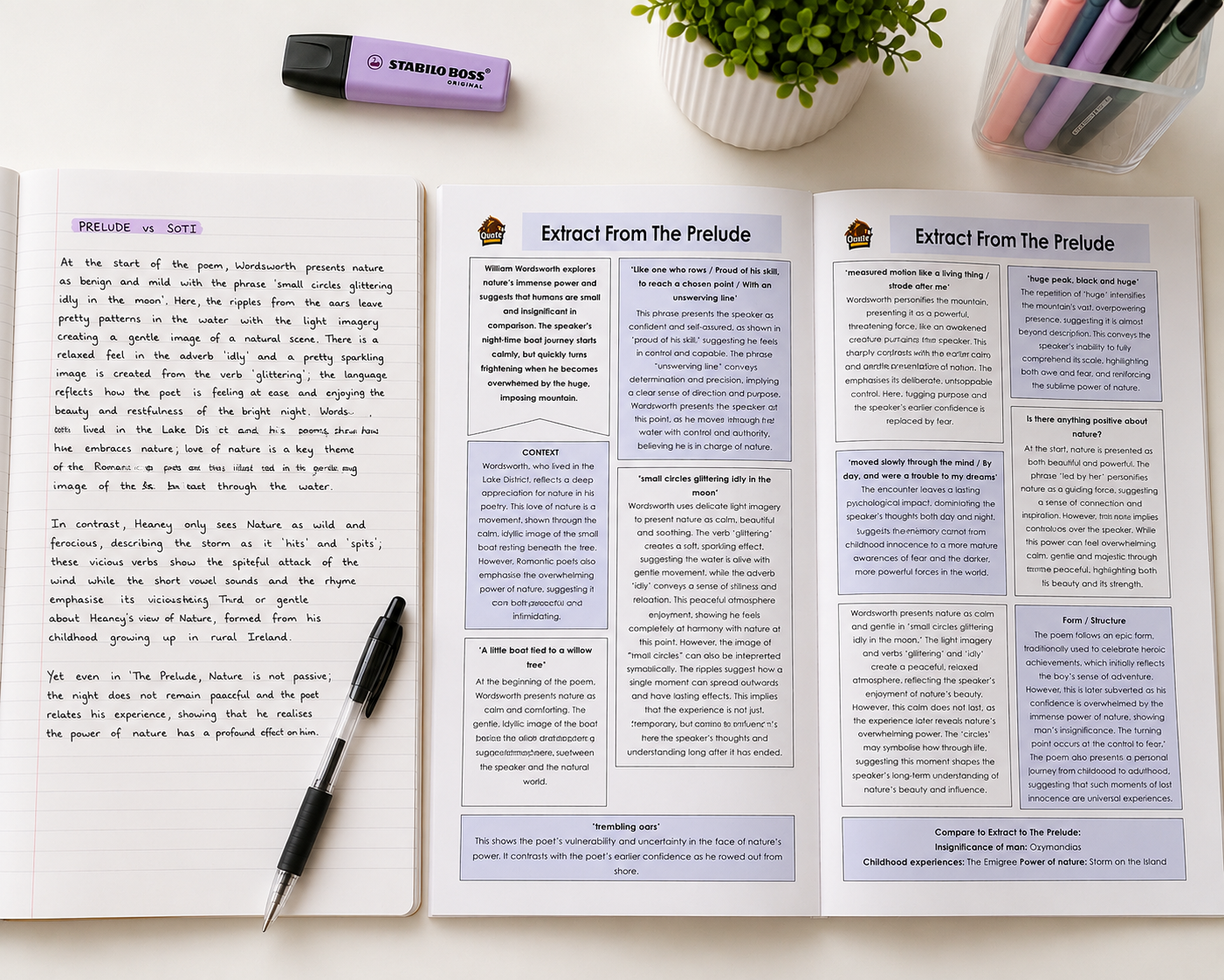 Handwritten Prelude comparison notes beside an open Quote Shack Prelude revision guide